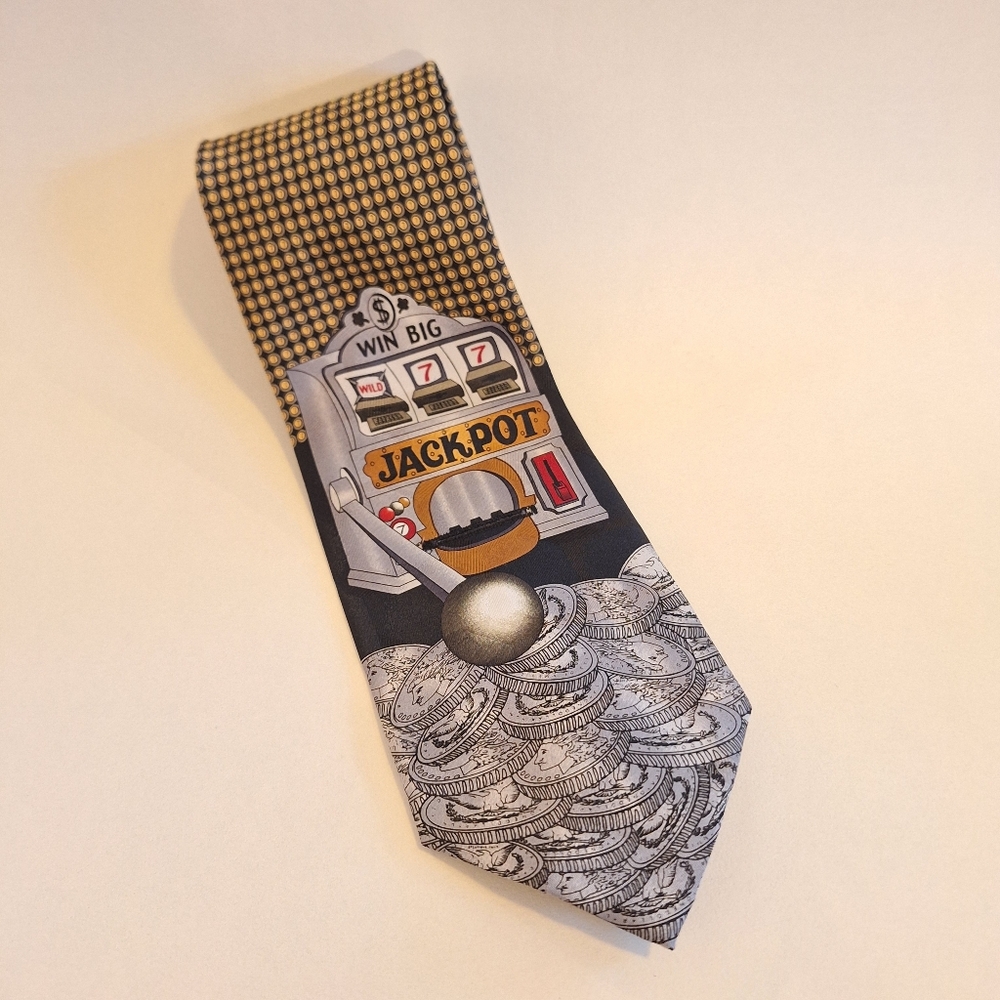 Jackpot Themed Novelty Necktie Gray Gold 59" Very Good Condition